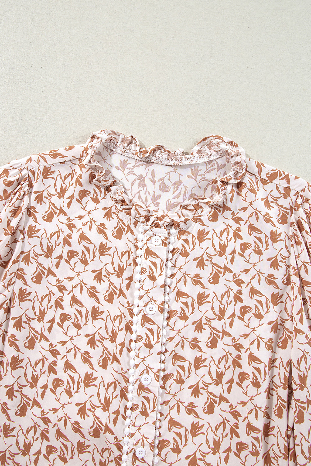 Khaki Printed Floral Print Lace Detail Puff Sleeve Shirt