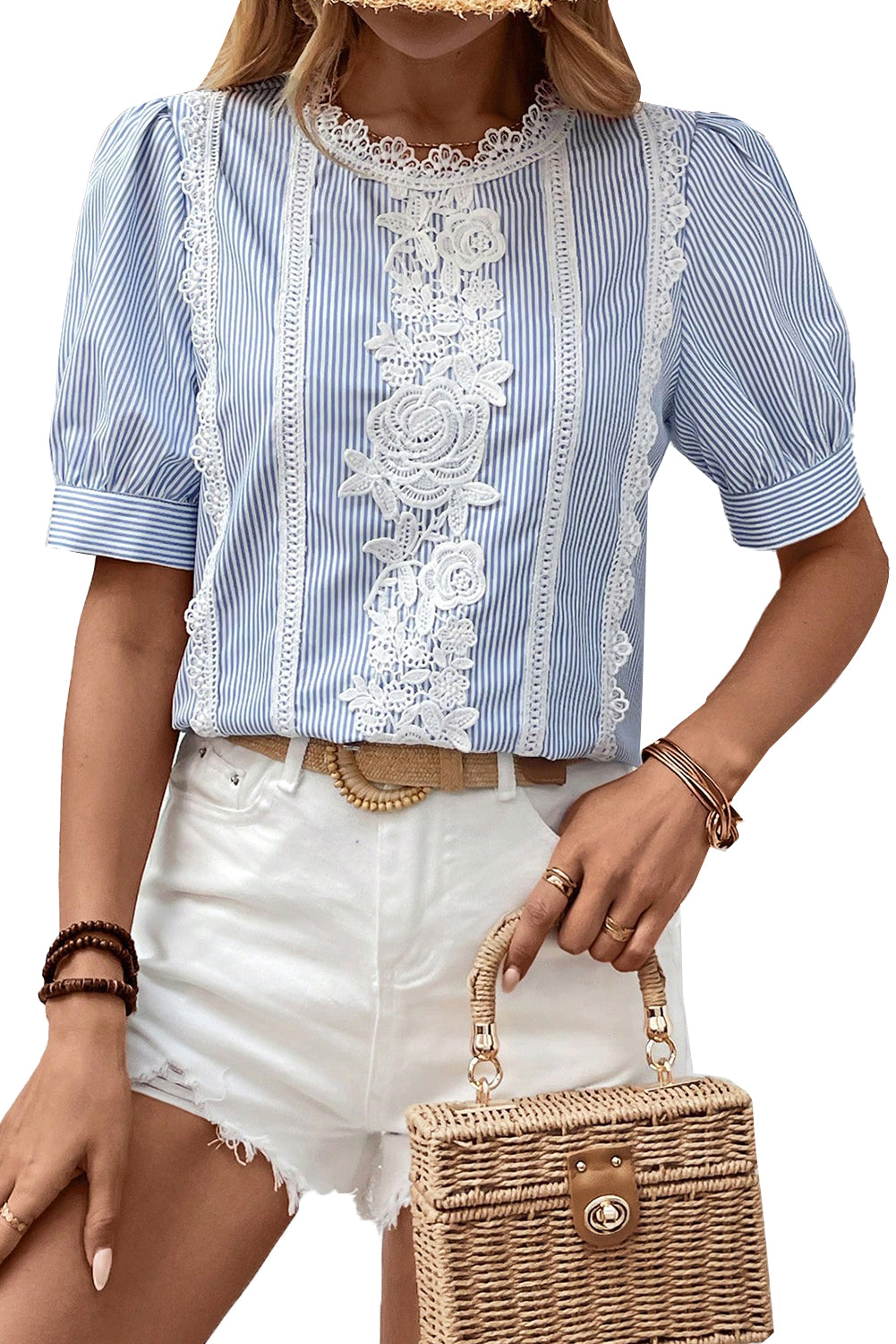 Sky Blue Striped Lace Floral Applique Puff Sleeve Blouse