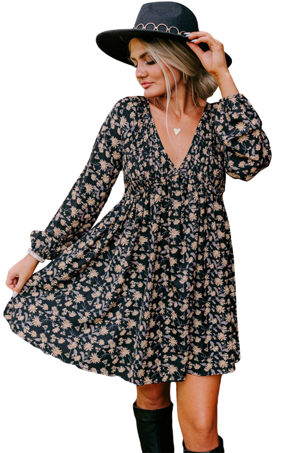 Floral Smocked V Neck Bubble Sleeve Babydoll Dress