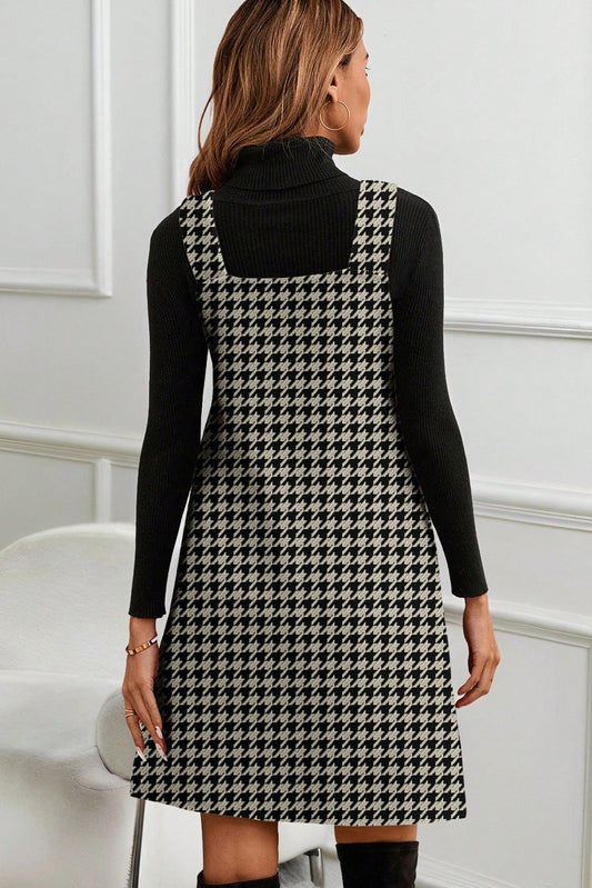 Houndstooth Print V Neck Sleeveless Mini Dress