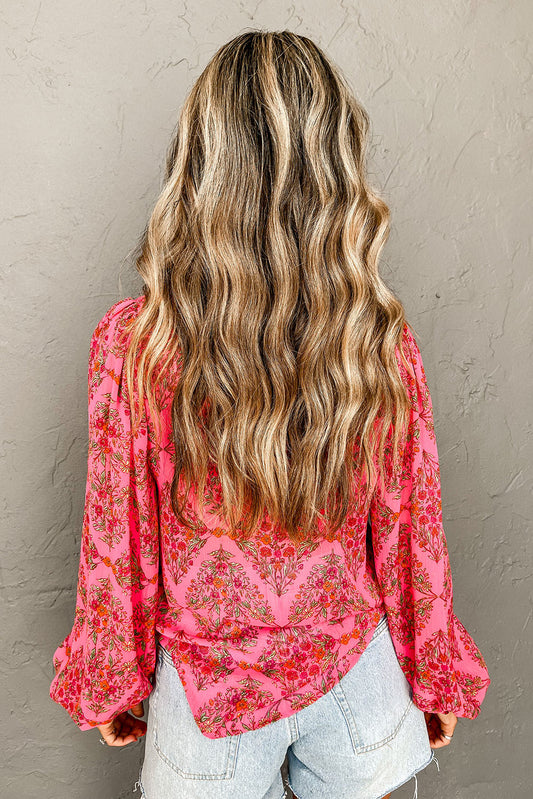 Strawberry Pink Floral Print Collared Button Up Puff Sleeve Shirt