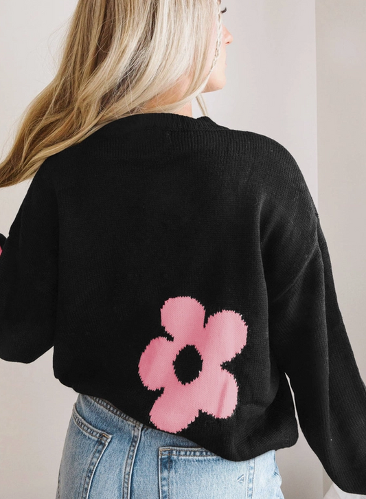 Black and Pink Flower Knit Sweater