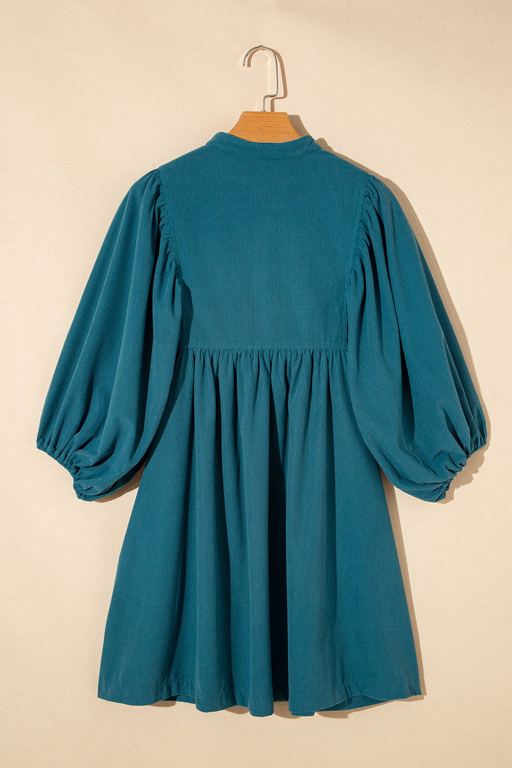 Light Snap Button Empire Waist Lantern Sleeve Corduroy Dress