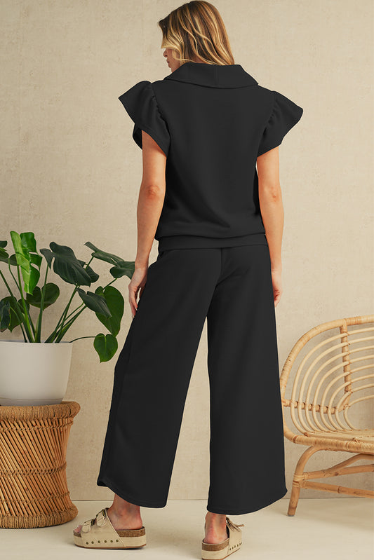 Textured Ruffle Sleeve Zipped Top and Wide Leg Pants Set