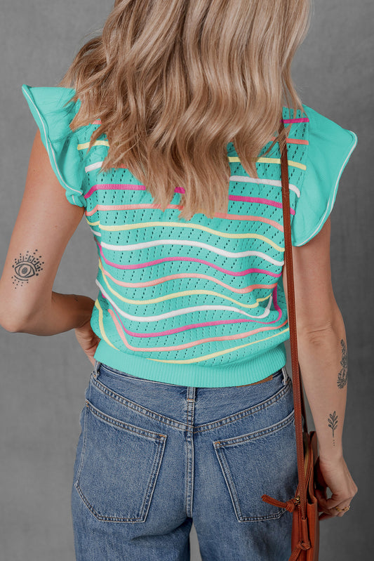 Green Colorful Striped Eyelet Knit Ruffle Top