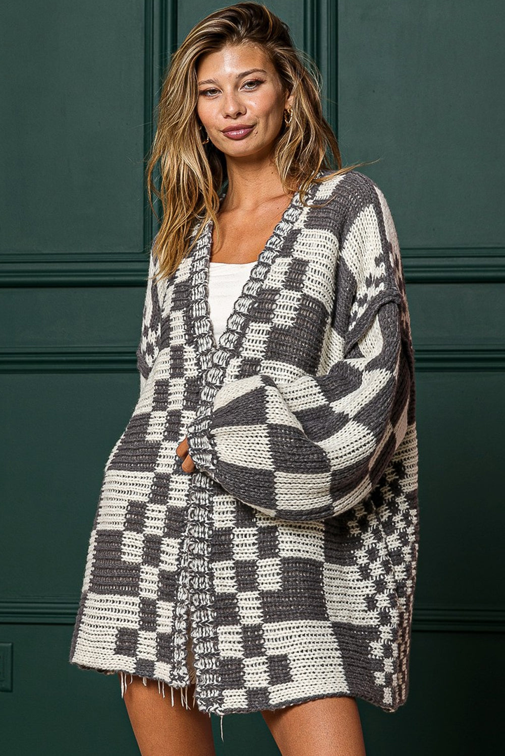 Rose Red Colorblock Checked Open Front Knitted Cardigan