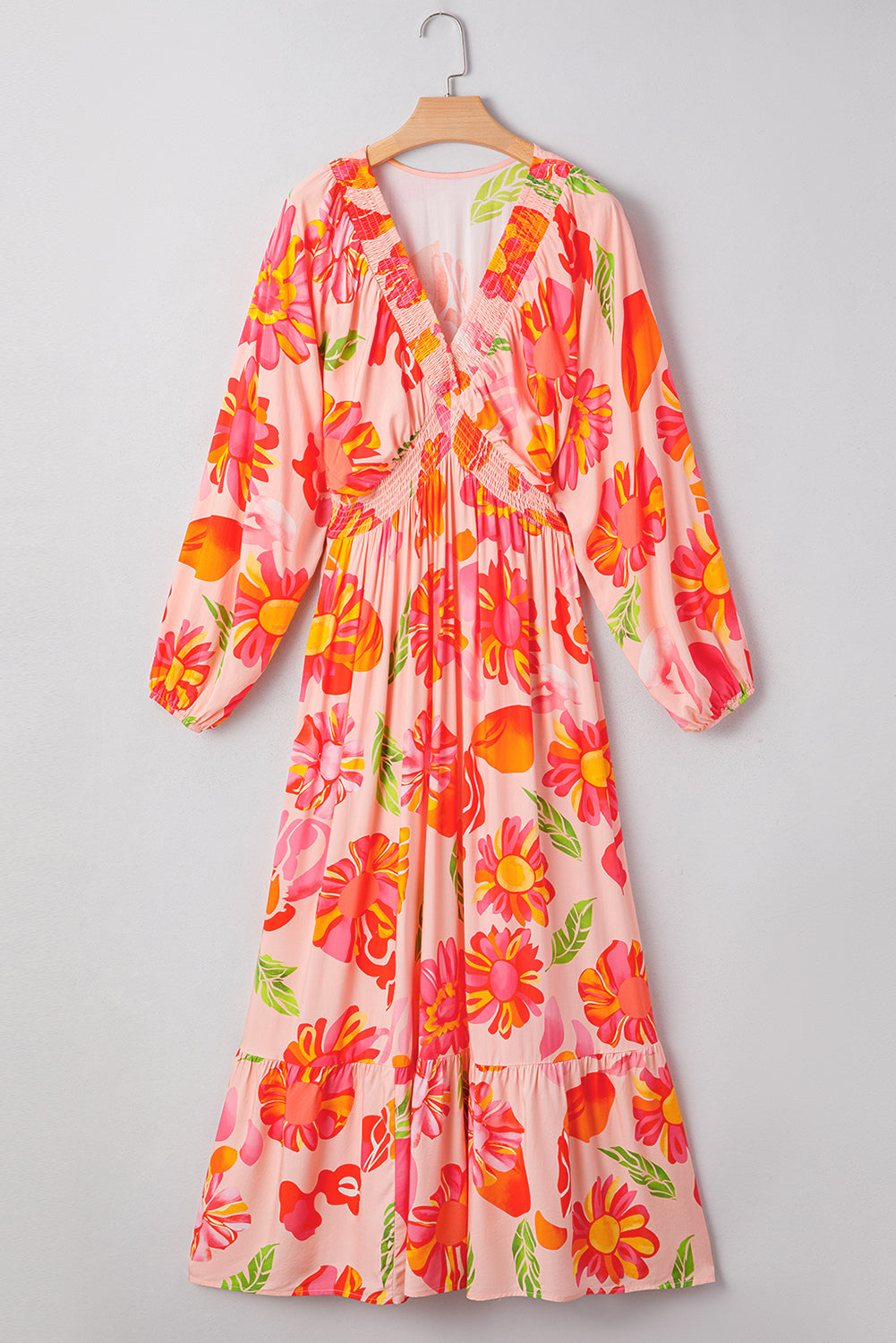 Beige Floral Print Shirred Detail Puff Sleeve Flowy Maxi Dress