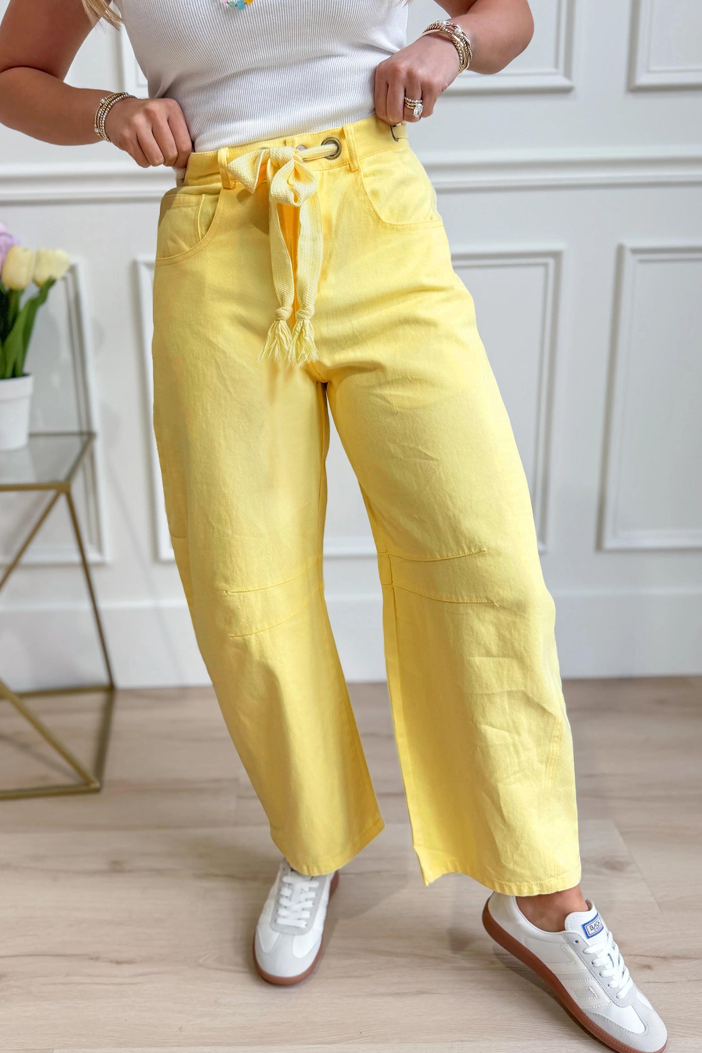 Color Grommet Detail Knot Waist Barrel Jeans