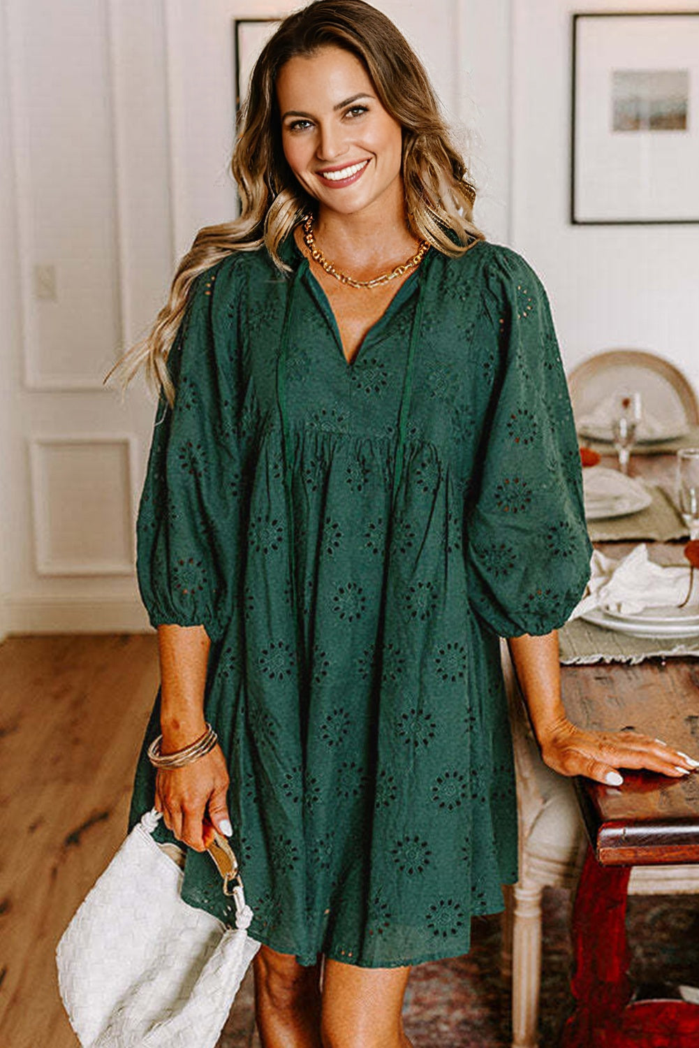 Green Embroidered Eyelet Pattern Puff Sleeve Mini Dress
