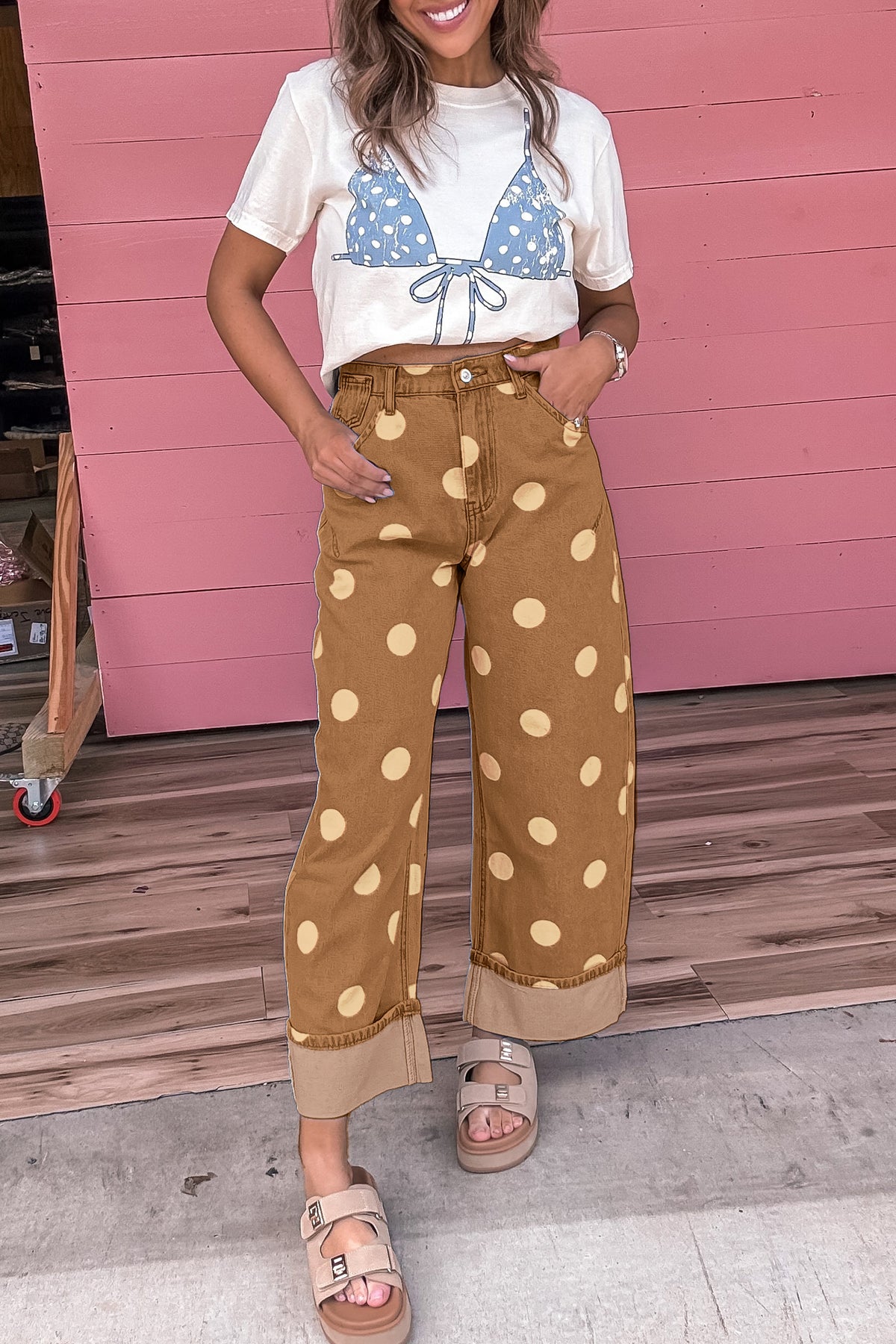 Polka Dot Ankle-Length Metal Button Casual Jeans