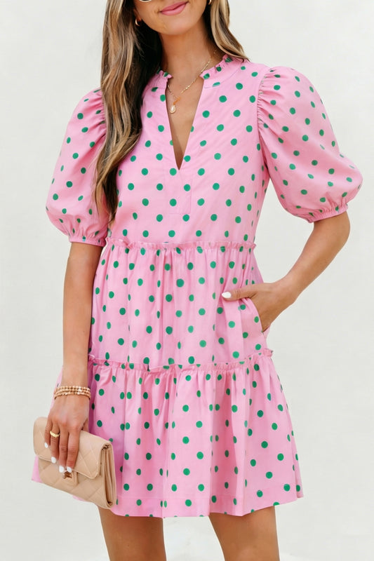 Pink Polka Dot Print V Neck Short Sleeve Tiered Mini Dress