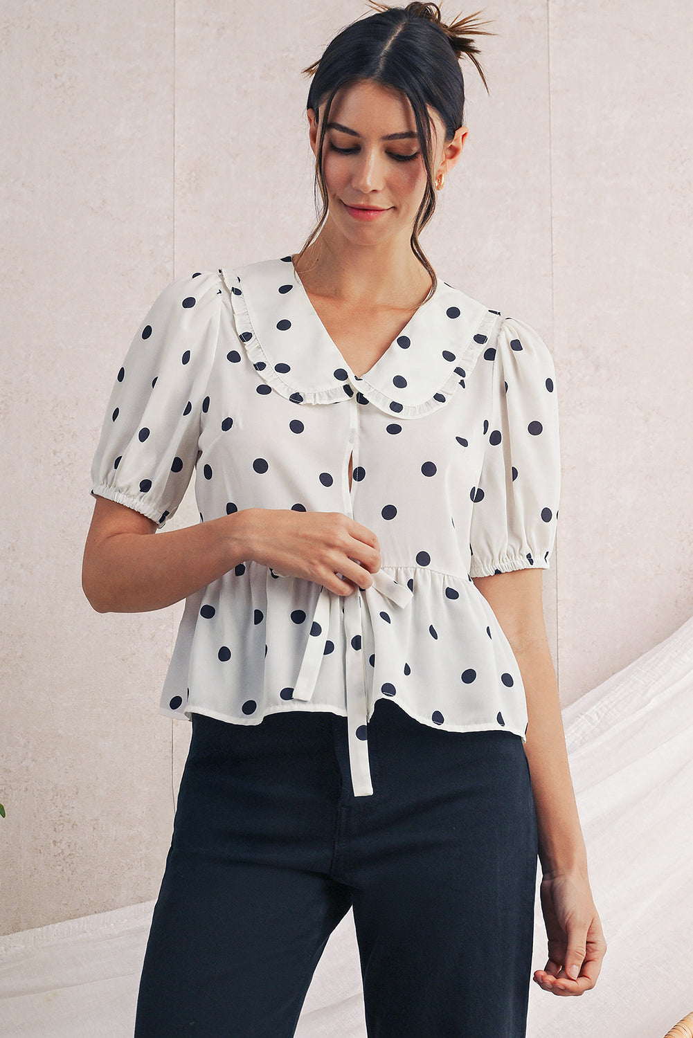 White Polka Dot Peter Pan Collar Bow Front Blouse
