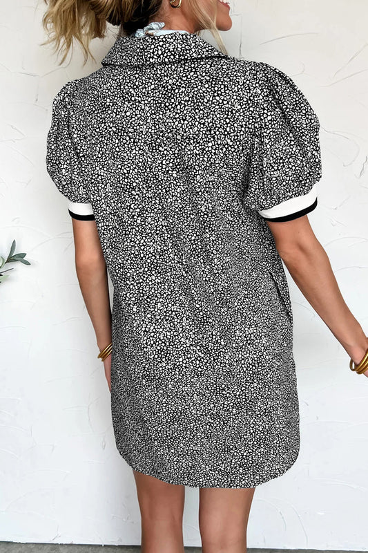 Black Leopard Print Contrast Striped Trim Polo Collar Short Sleeve Dress with Pockets