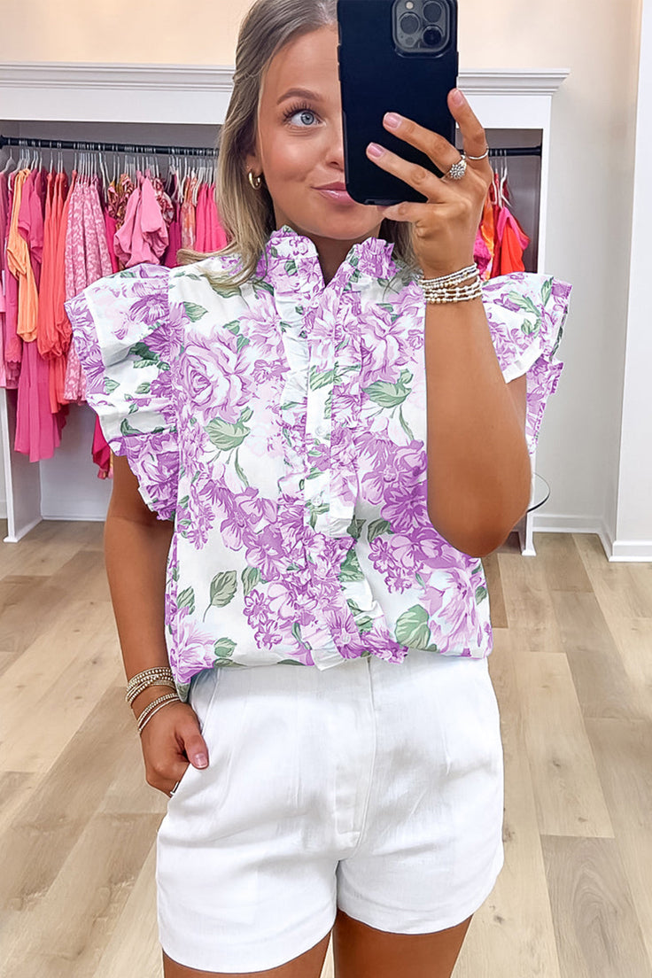 Floral Print Ruffle Sleeve Frill Shirt