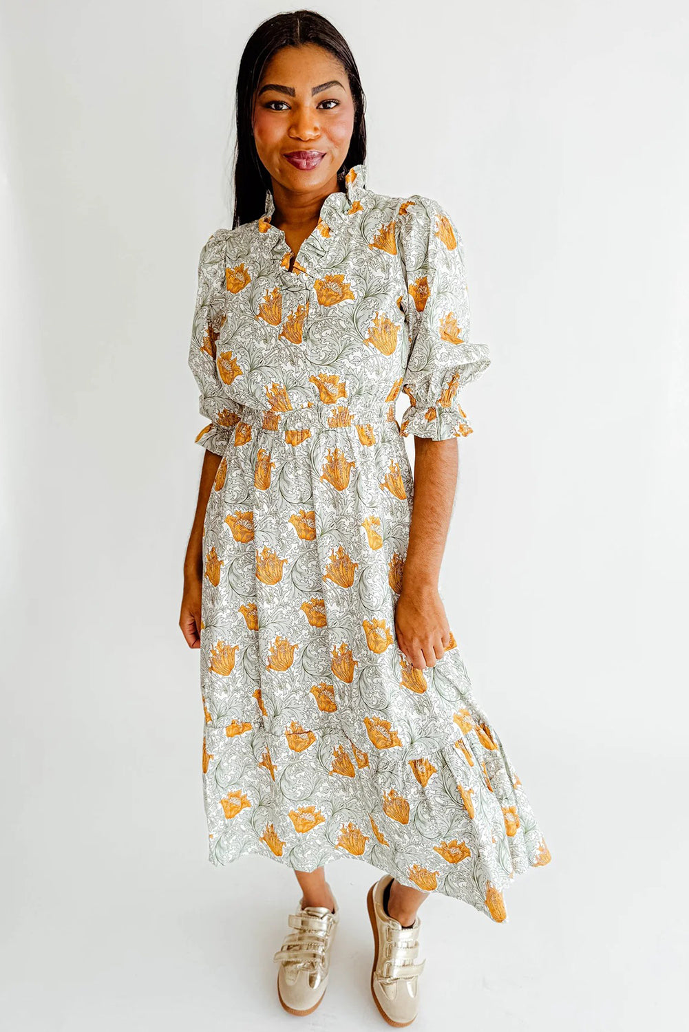 Floral Printed Frilled V Neck Bracelet Sleeve Long Dress