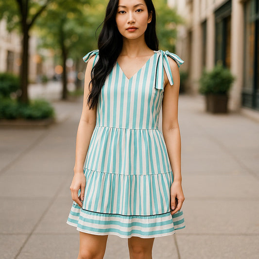 Light Green and White Striped Dress With Shoulder Ties