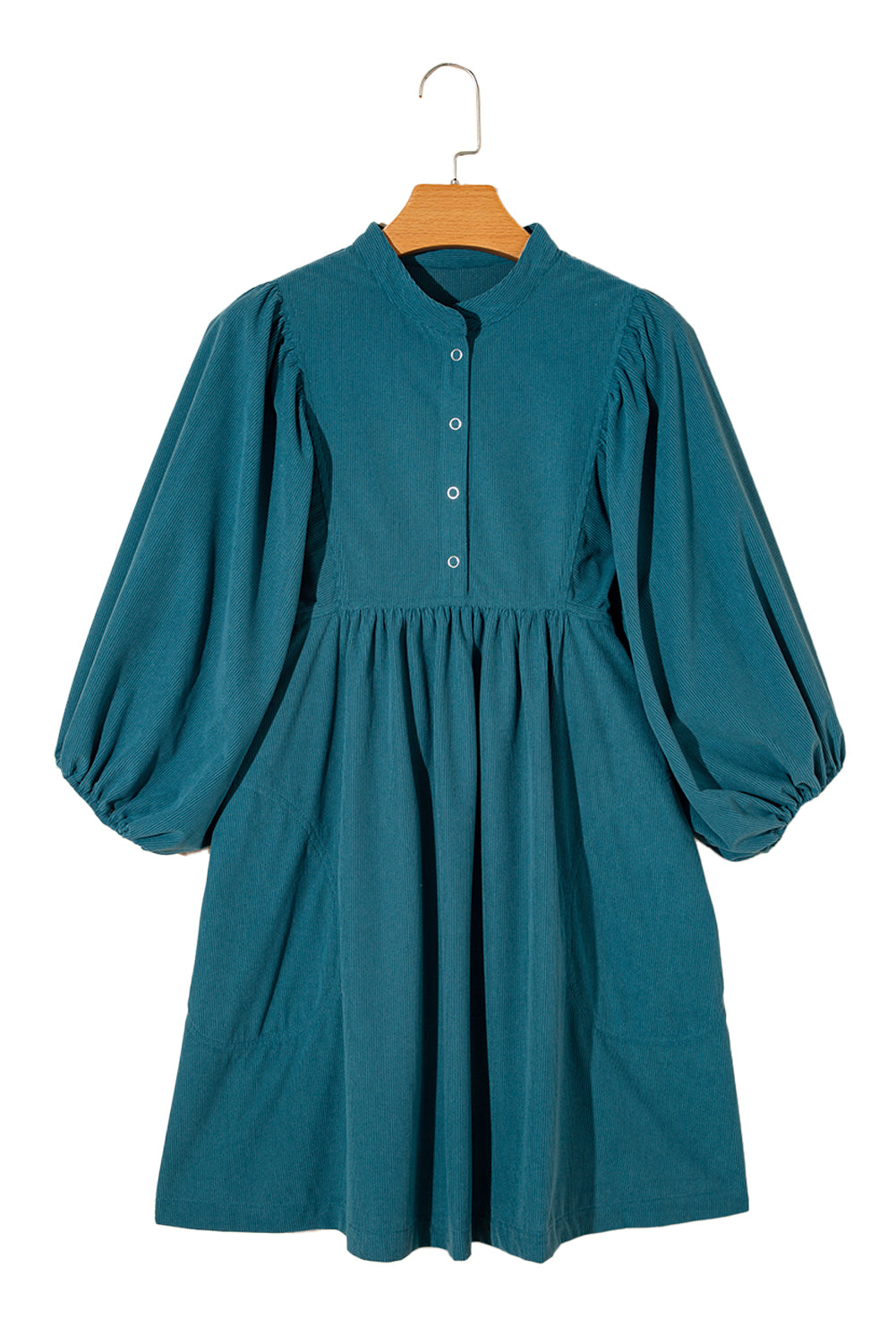 Light Snap Button Empire Waist Lantern Sleeve Corduroy Dress