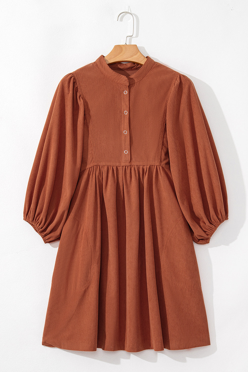 Light Snap Button Empire Waist Lantern Sleeve Corduroy Dress