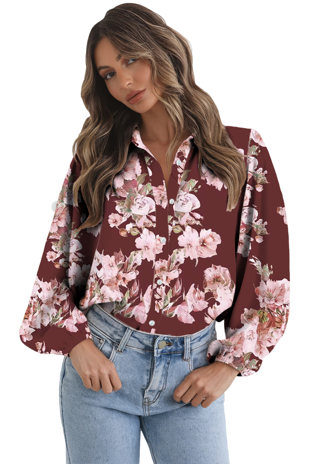 Orange Floral Puff Sleeve Lightweight Shirt
