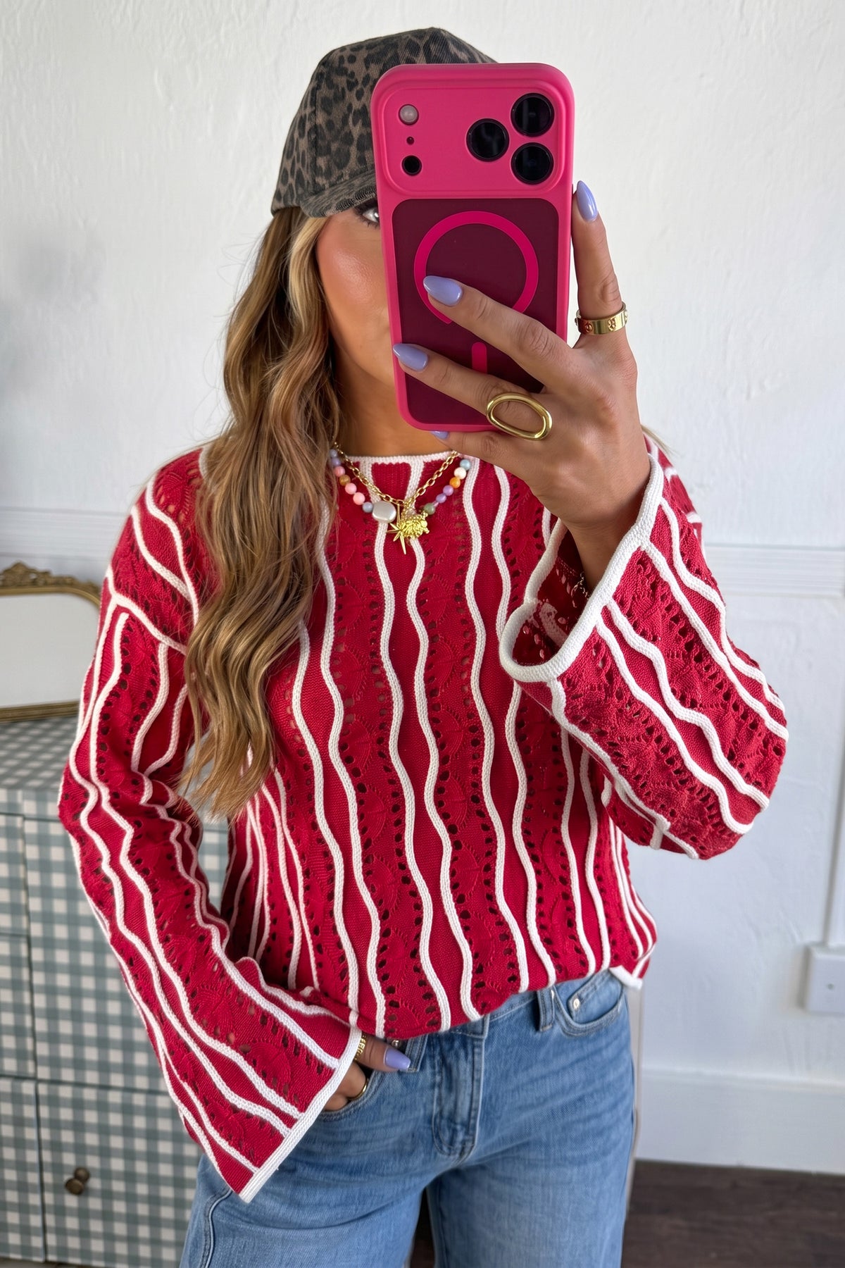 Red Wavy Stripe Hollow Out Pullover Sweater