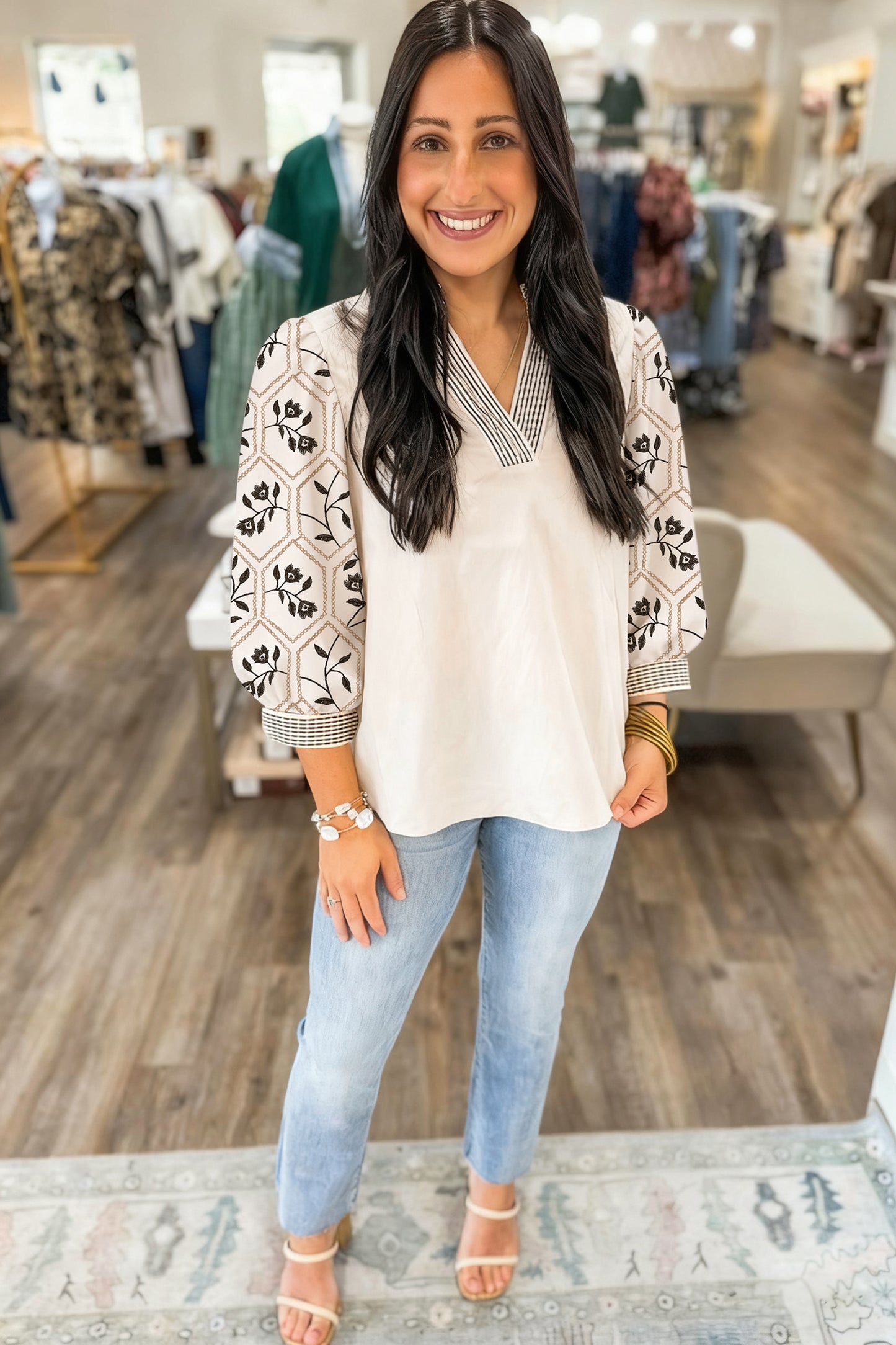 Floral Puff Sleeve Contrast V Neck Patchwork Blouse