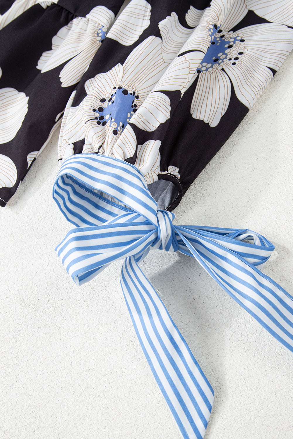 Floral Print Striped Tie Sleeve Collared V Neck Blouse