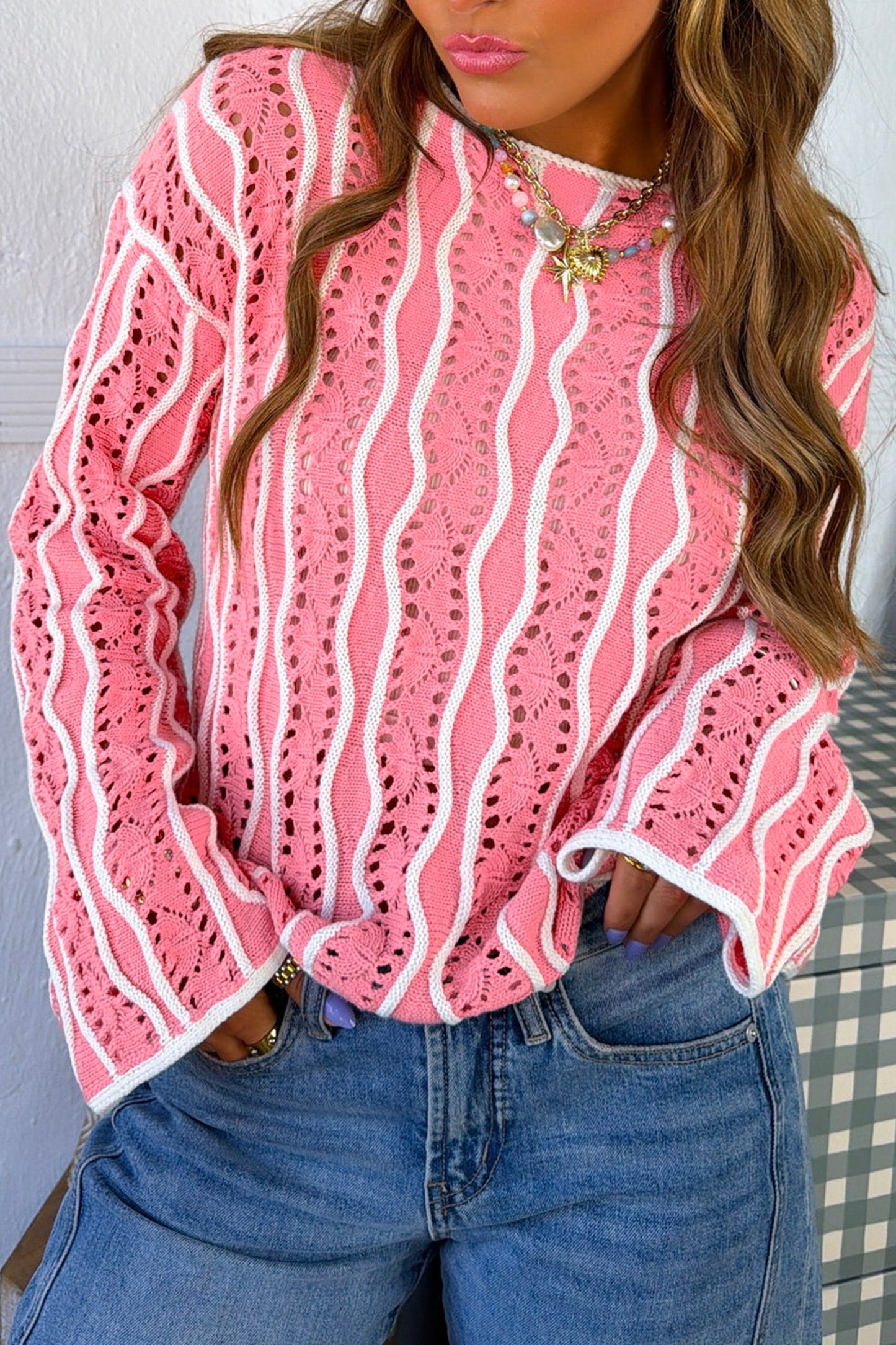 Wavy Detail Hollow Out Knit Long Sleeve Cotton Pullover Sweater