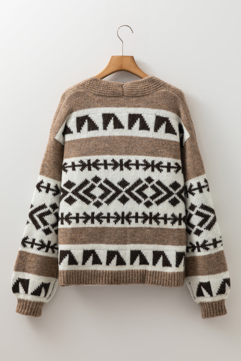 Dark Khaki Geometric Pattern Button Front V Neck Cardigan