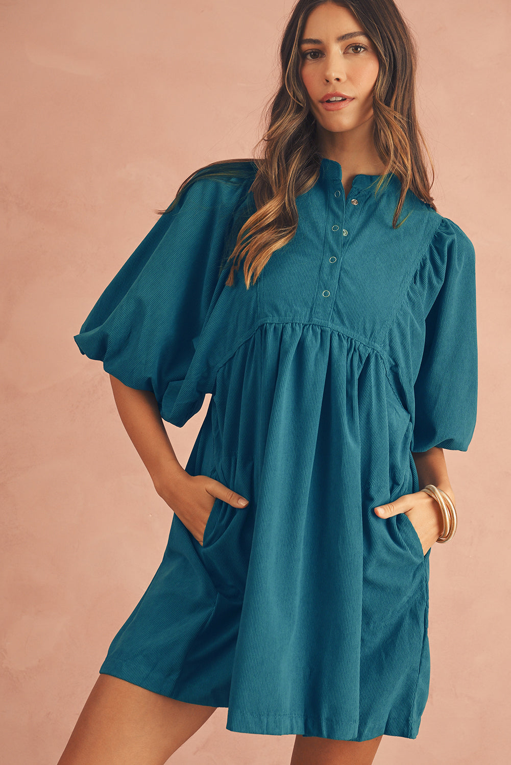 Light Snap Button Empire Waist Lantern Sleeve Corduroy Dress