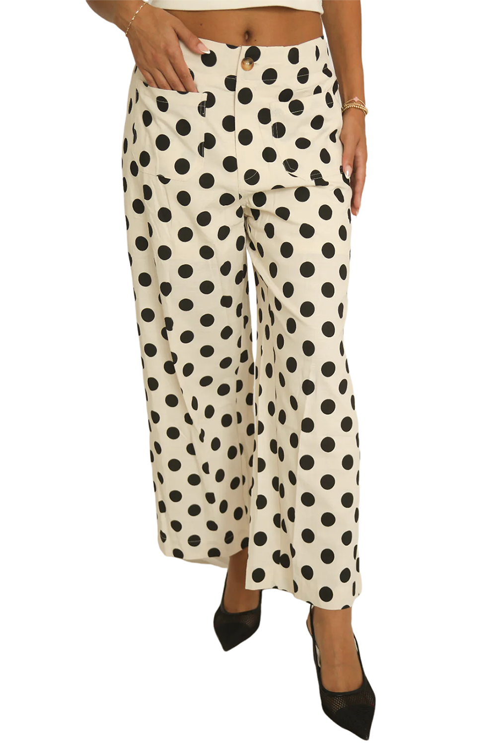 White Casual Polka Dot Wide Leg Pants