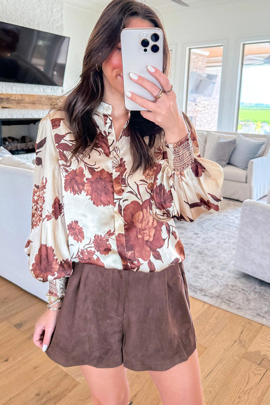 Brown Floral Print Button Down Poet Sleeve Shirt