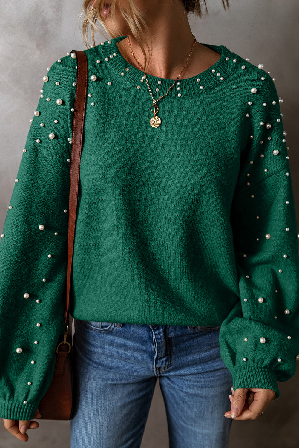 Black Pearl Drop Shoulder Round Neck Sweater
