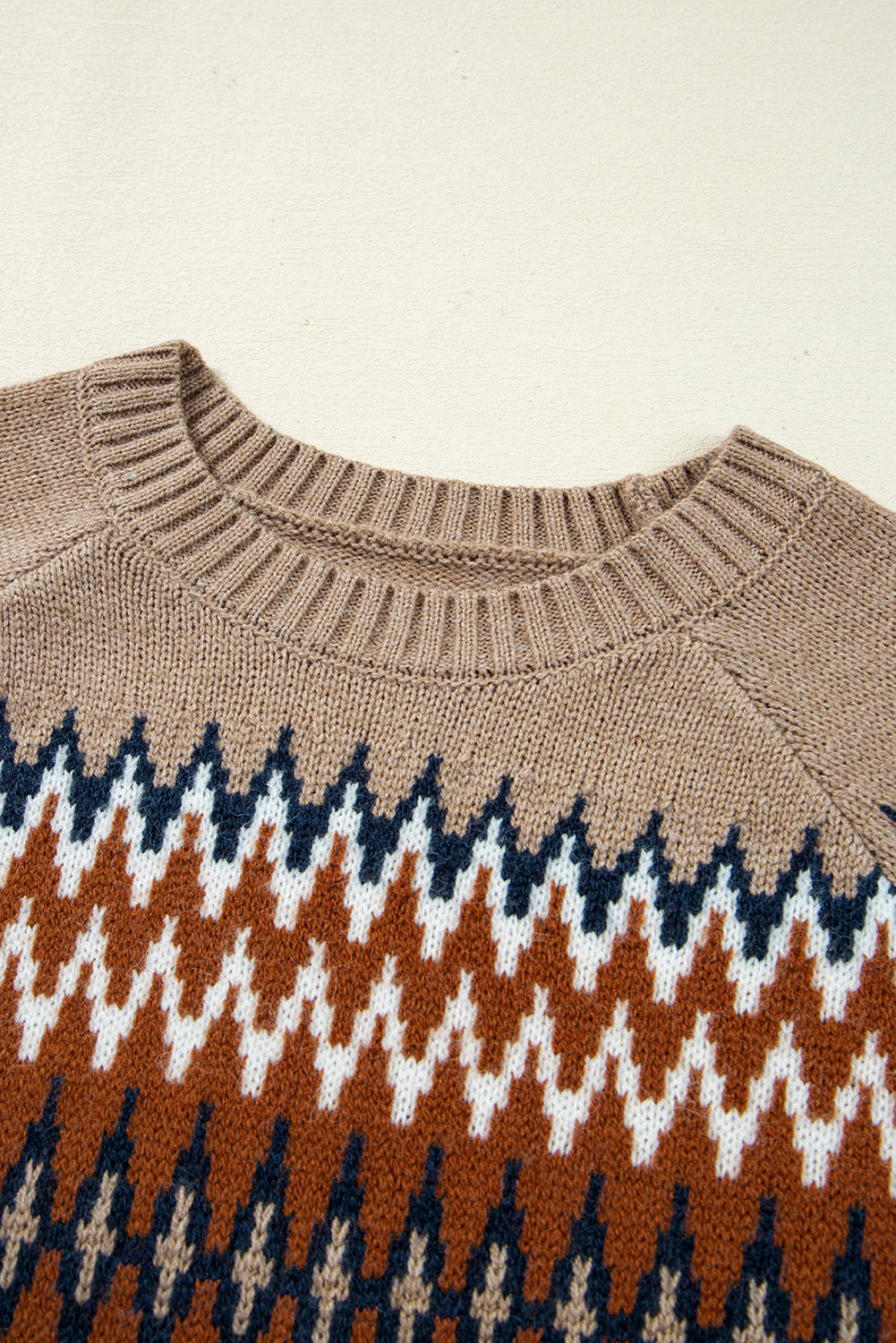 Khaki Geometric Print Colorblock Crew Neck Sweater