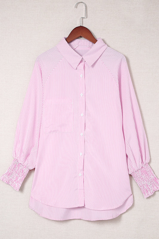 Pink Striped Pocket Button Up Plus Size Shirt