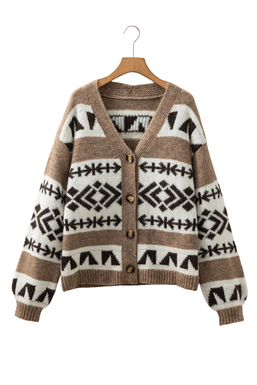 Dark Khaki Geometric Pattern Button Front V Neck Cardigan
