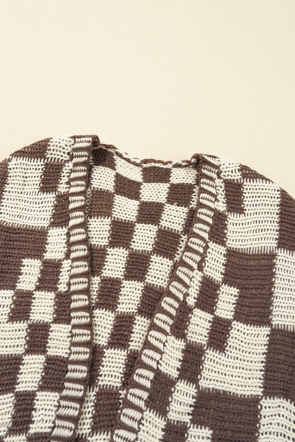 Rose Red Colorblock Checked Open Front Knitted Cardigan