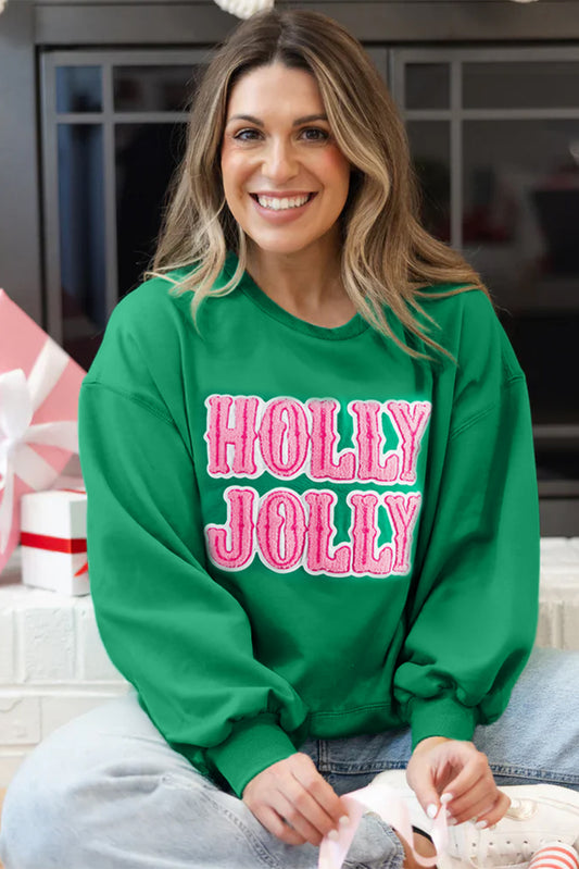 Green HOLLY JOLLY Letter Christmas Holiday Sweatshirt