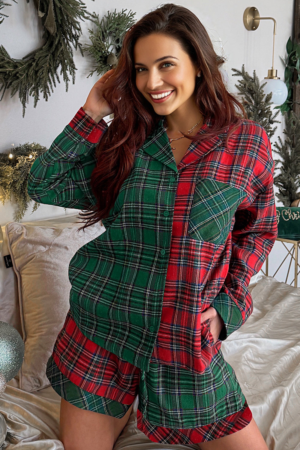 Green Plaid Christmas Holiday Patchwork Long Sleeve Shirt and Shorts Pajama Set