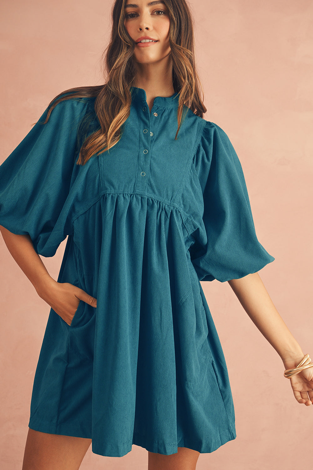 Light Snap Button Empire Waist Lantern Sleeve Corduroy Dress