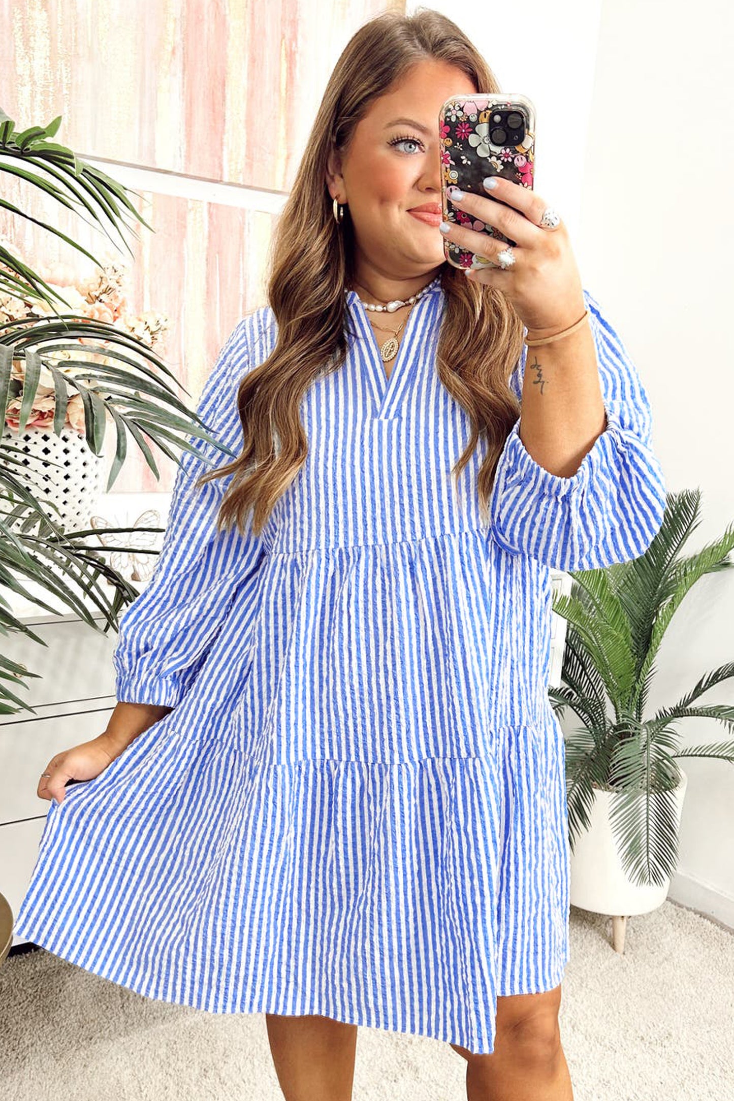 Sky Blue Stripe Seersucker Textured Notched Neck Long Puff Sleeve Tiered Curvy Dress