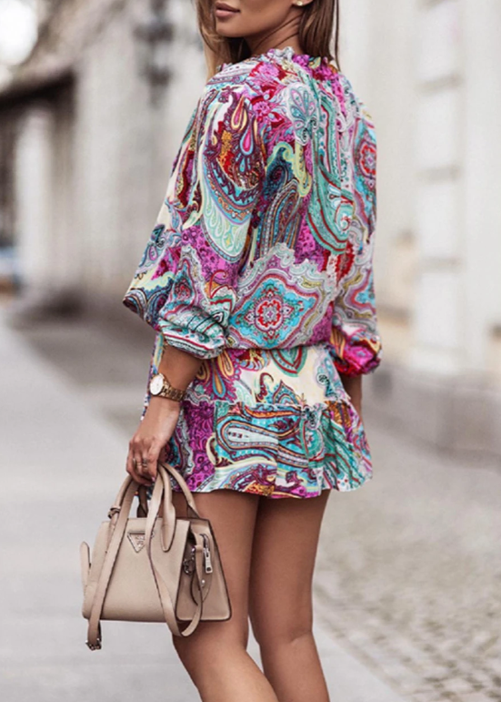 Multicolor Abstract Print V Neck Mini Dress