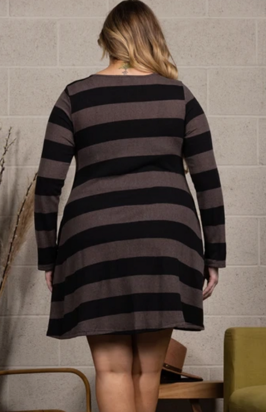 Plus Size Black and Mocha Striped Mini Dress