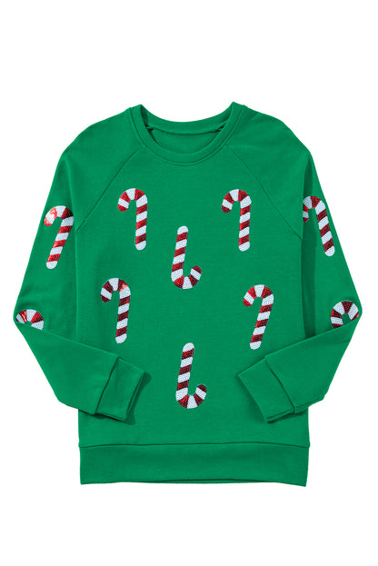 Green Christmas Candy Cane Graphic Sequins Patch Pullover Sweatshirt