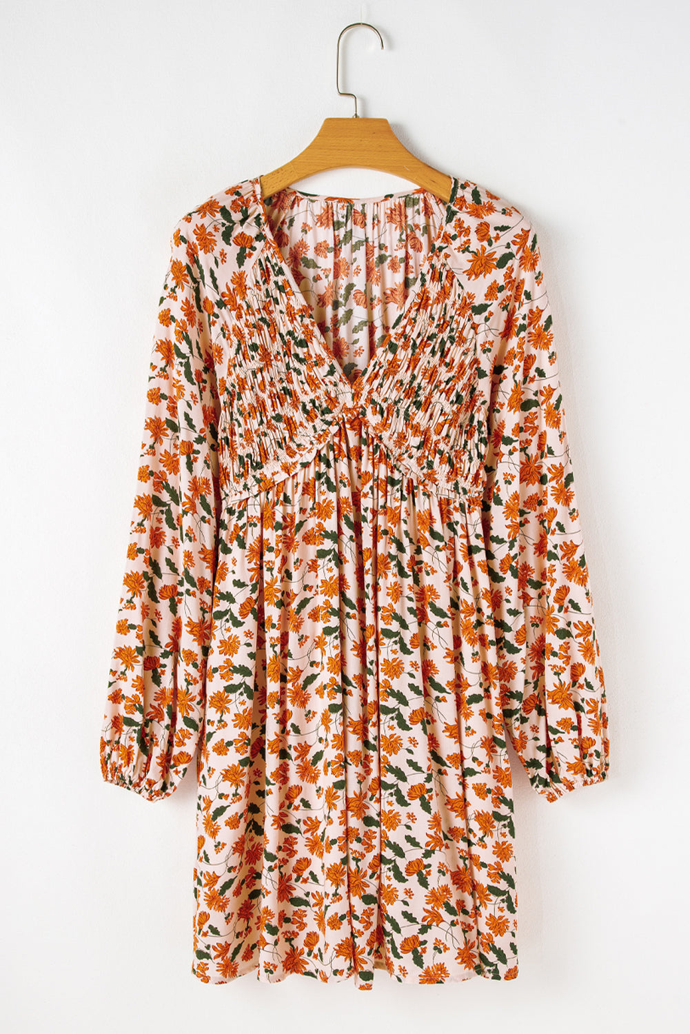 Floral Smocked V Neck Bubble Sleeve Babydoll Dress