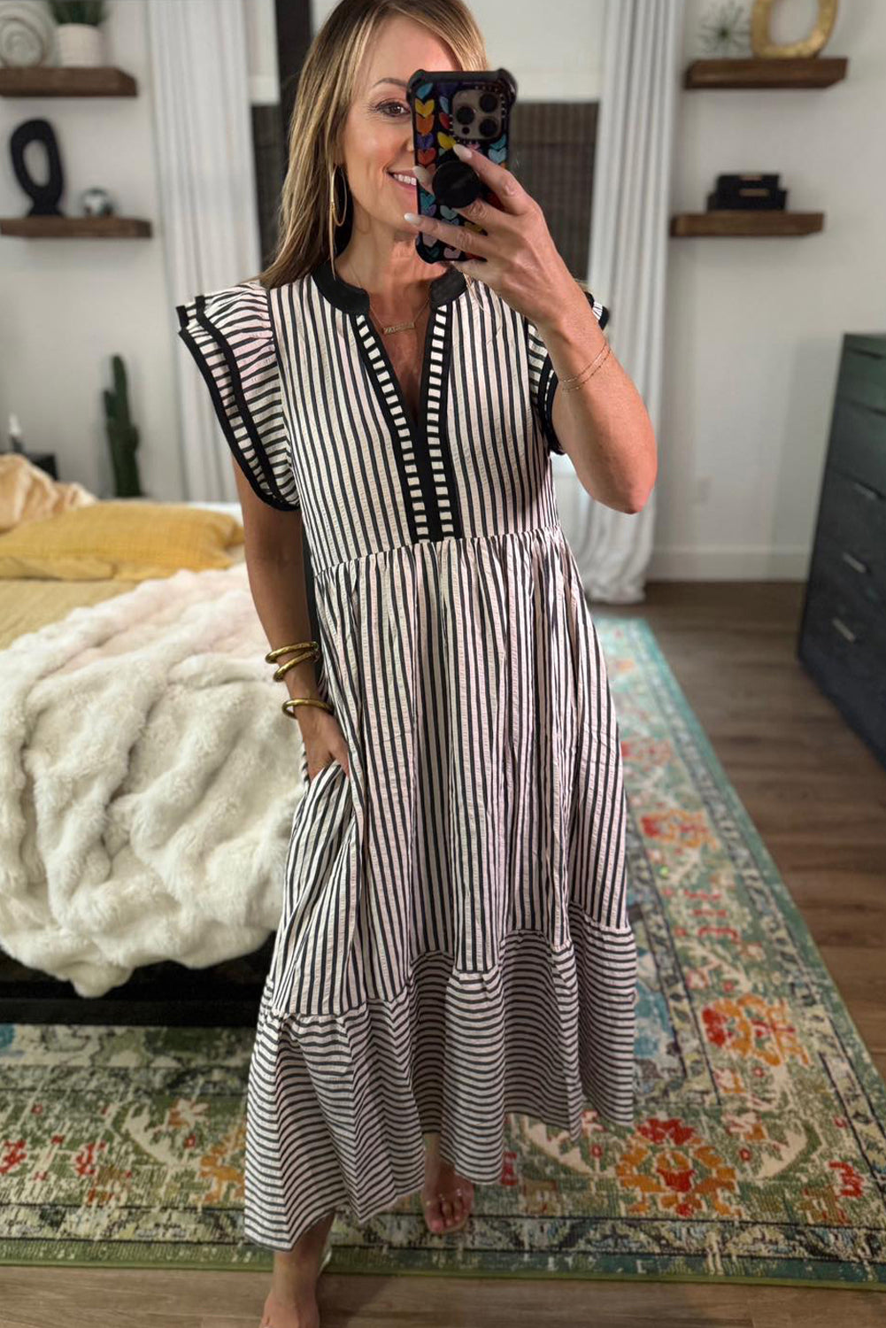 Stripe Double Ruffled Short Sleeve Contrast Trim V Neck Midi Dress