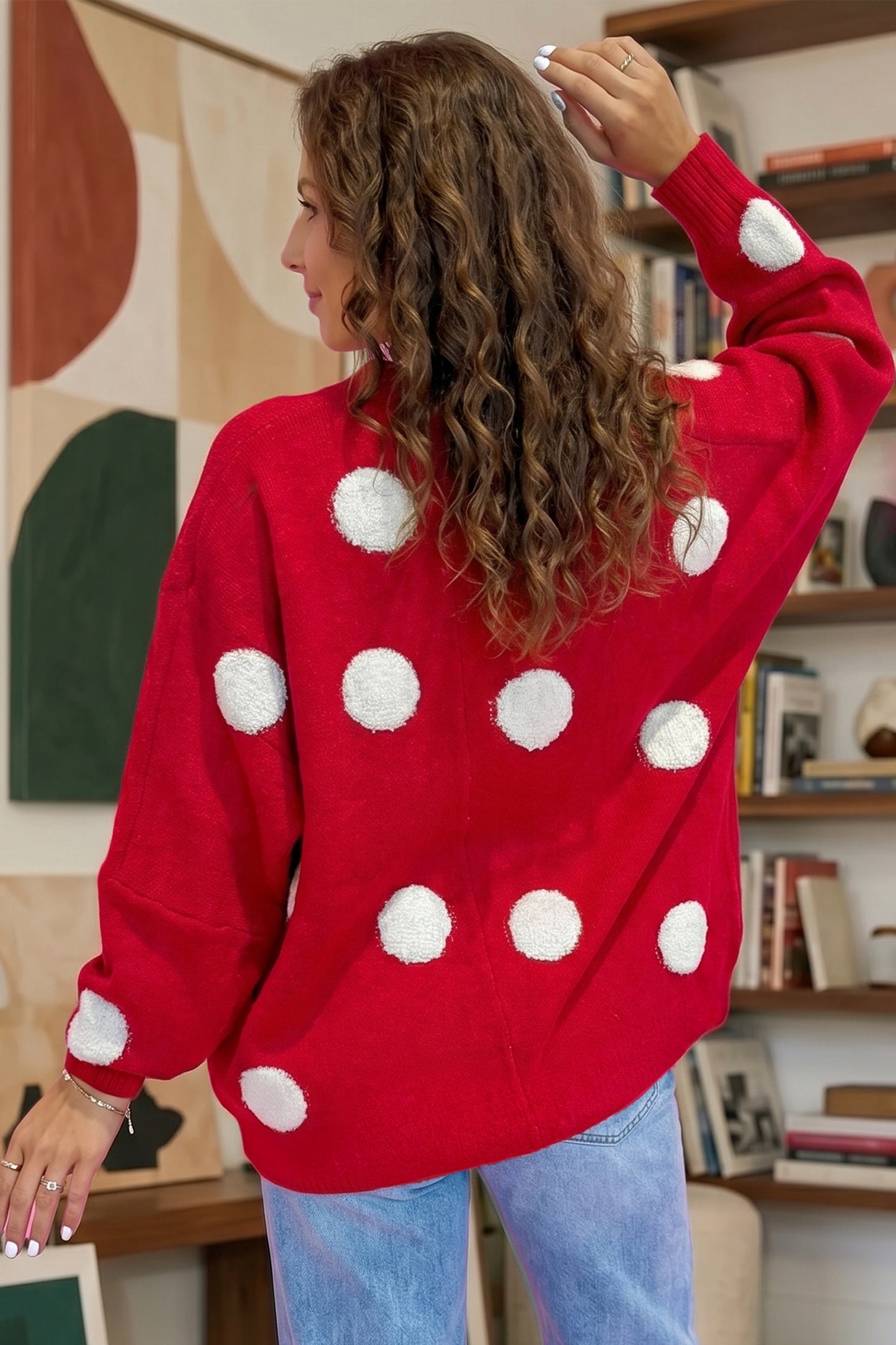 Polka Dot Button Front Oversized V Neck Cardigan