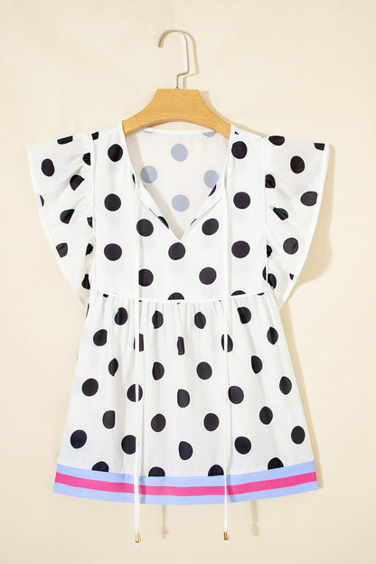 White Polka Dot Print Flutter Sleeve Striped Patchwork Babydoll Blouse