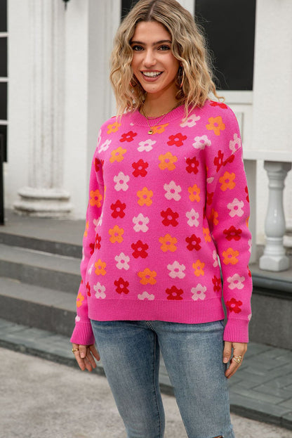 Rose Flower Allover Ribbed Trimmed Drop Shoulder Pullover Sweater