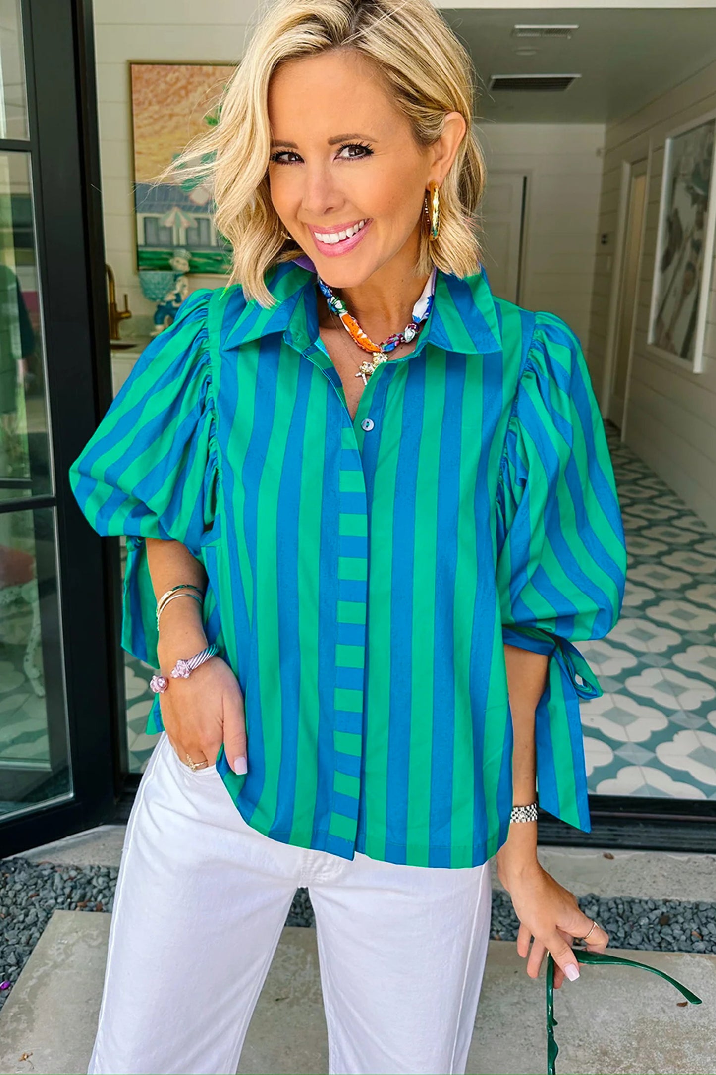 Stripe Tie Puff Sleeve Womens Button Down Shirt