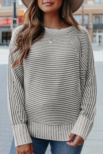 Striped Print Ribbed Knit Raglan Sleeve Baggy Sweater